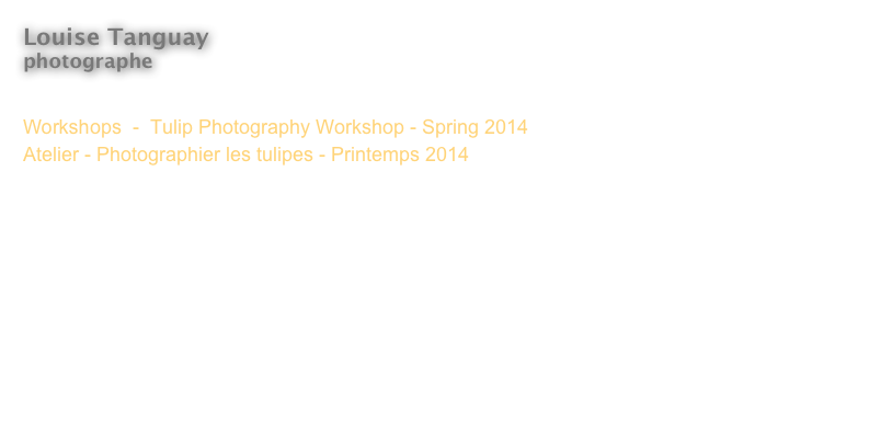 Louise Tanguay
photographe 

Workshops  -  Tulip Photography Workshop - Spring 2014 
Atelier - Photographier les tulipes - Printemps 2014

In collaboration with Harry Nowell Photography Inc. 
En collaboration avec Harry Nowell Photography Inc.

Even though the tulips weren’t out due to the long winter, we had our half-day tulip safari on May 6. We did find a few red tulips at Dow’s Lake... 




<  Revenir  
<  Back