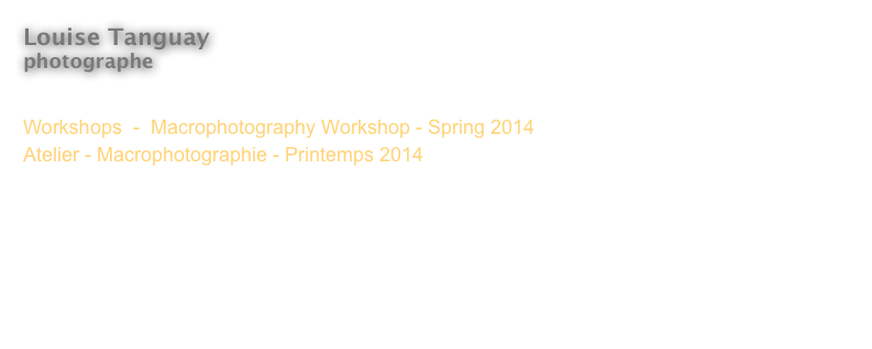 Louise Tanguay
photographe 

Workshops  -  Macrophotography Workshop - Spring 2014 
Atelier - Macrophotographie - Printemps 2014

In collaboration with Harry Nowell Photography Inc. 
En collaboration avec Harry Nowell Photography Inc.



<  Revenir  
<  Back